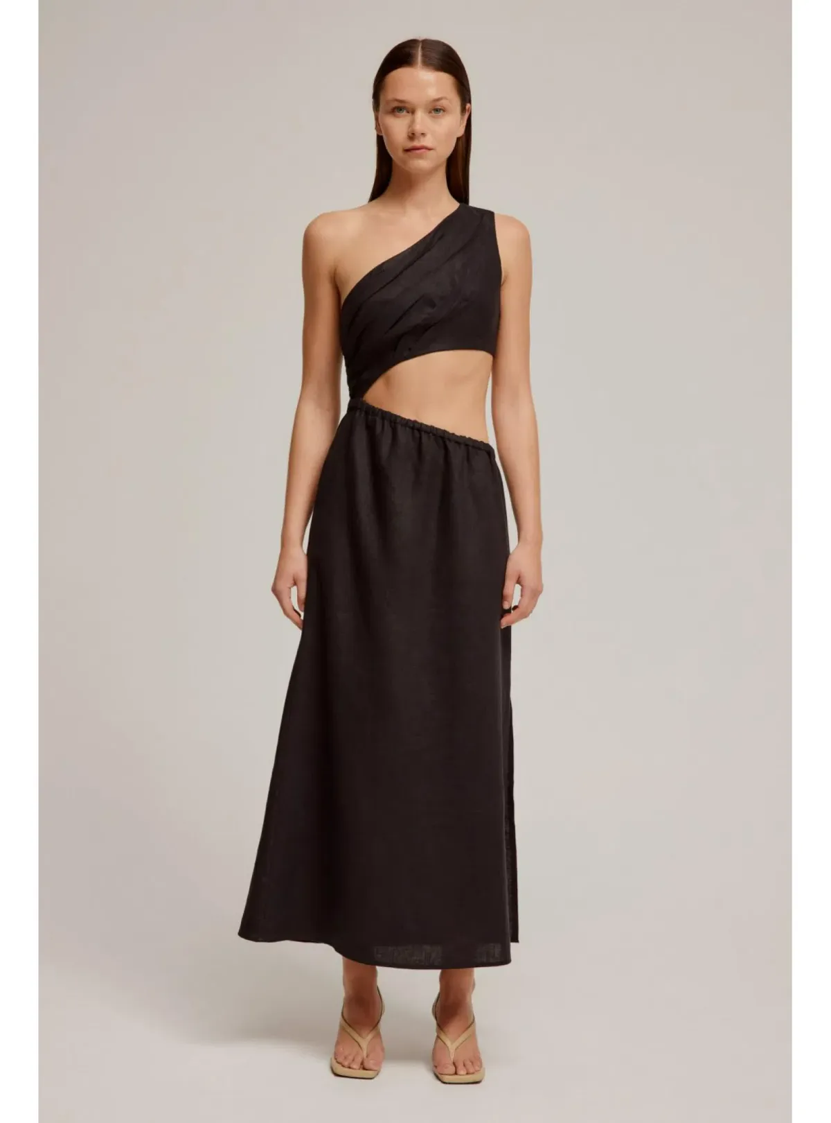 Venroy Draped One Shoulder Cut Out Midi Dress Black Size M / AU 10 - Image 1