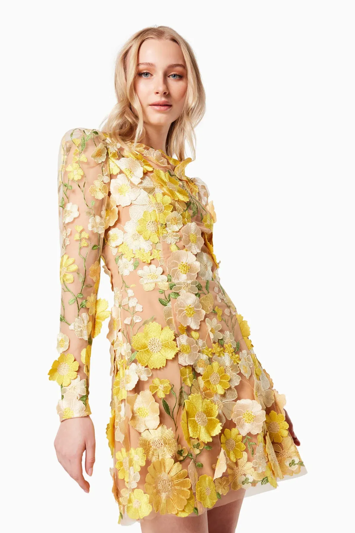 Elliatt Goldenvoice 3D Floral Mini Dress in Yellow Size 12 - Image 4