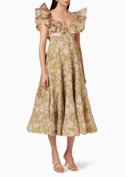 Zimmermann The Lovestruck Pleated Gown Olive/Pink Rose Size 0/ AU 8 for rent on The Volte - image 1