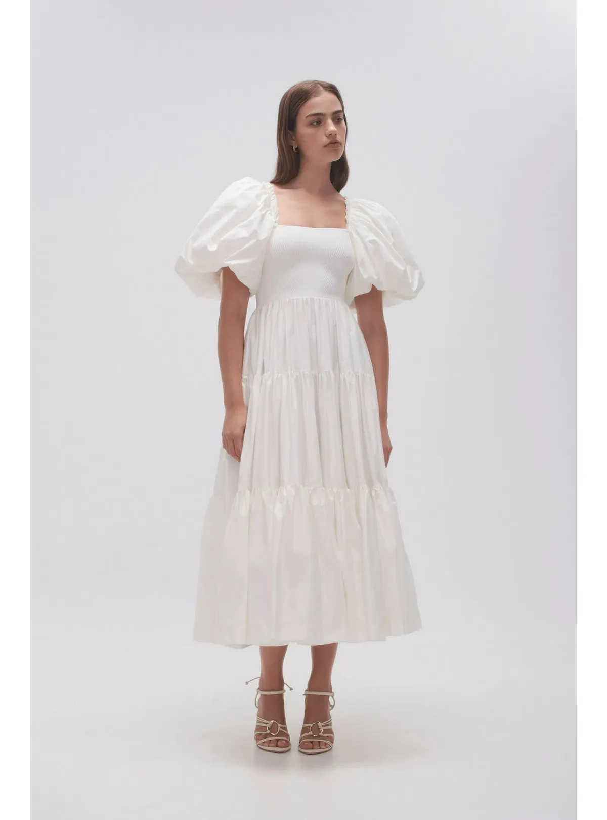 Aje Casa Puff Sleeve Midi Dress Ivory Size AU 10 for rent on The Volte - main image