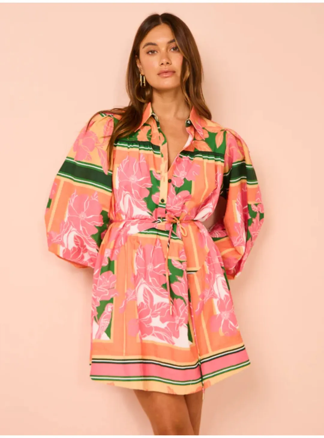 By Nicola Sail Away Mini Billow Sleeve Dress In Rio Floral Size AU 14 for rent on The Volte - main image
