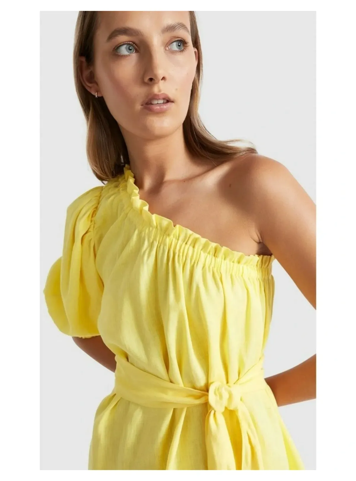 Seed Heritage Linen One Shoulder Mini Dress Yellow Drop Size AU 12 - Image 2