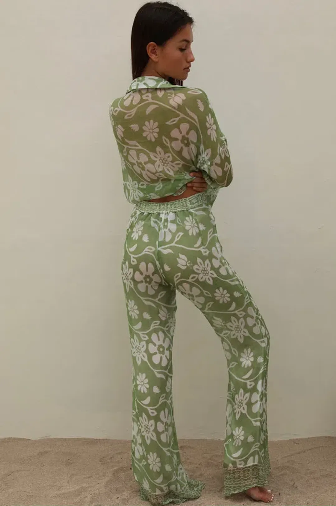 Ranaco Atelier Set: The Flared Pant Moss Green Size S/ AU 8 AND Ranaco Atelier Front Tie Blouse for rent on The Volte - main image