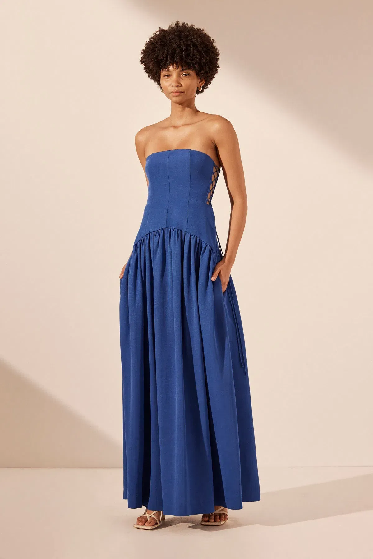 Shona Joy Vento Lace Up Strapless Maxi Dress Cobalt Blue Size 12 - Image 1