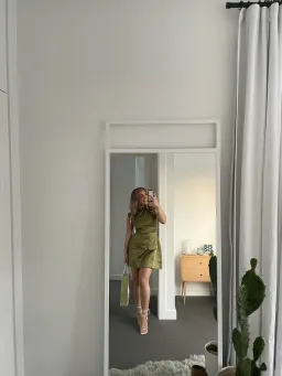 Odd Muse The Ultimate Muse Satin Straight Neck Mini Dress Olive Size 8 for rent on The Volte - image 3