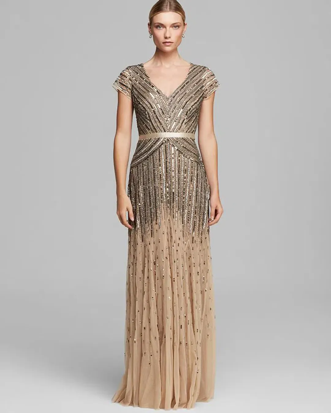 Adrianna Papell Sequinned V-Neck Cap Sleeve Gown - Gold - Size 16 for rent on The Volte - main image