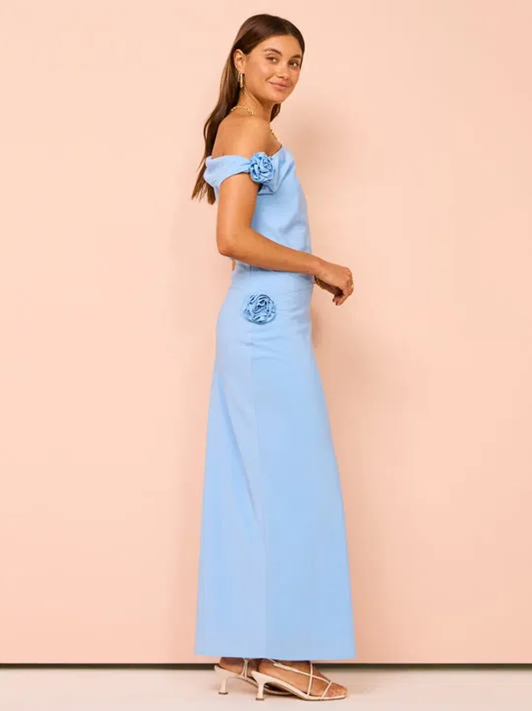 Issy Off Shoulder Flower Maxi Dress in Blue Size 10 for rent on The Volte - main image