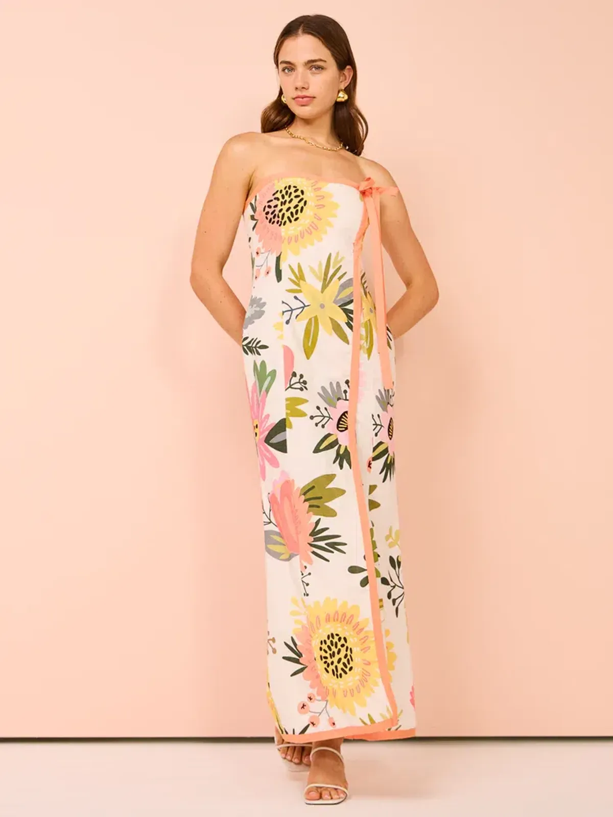 By Nicola Claudia Strapless Wrap Maxi Dress In Potpourri/Melon Size 8 - Image 1