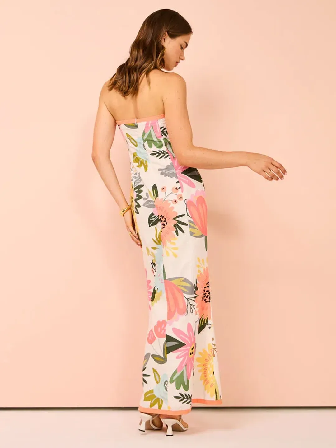 By Nicola Claudia Strapless Wrap Maxi Dress In Potpourri/Melon Size 8 for rent on The Volte - main image