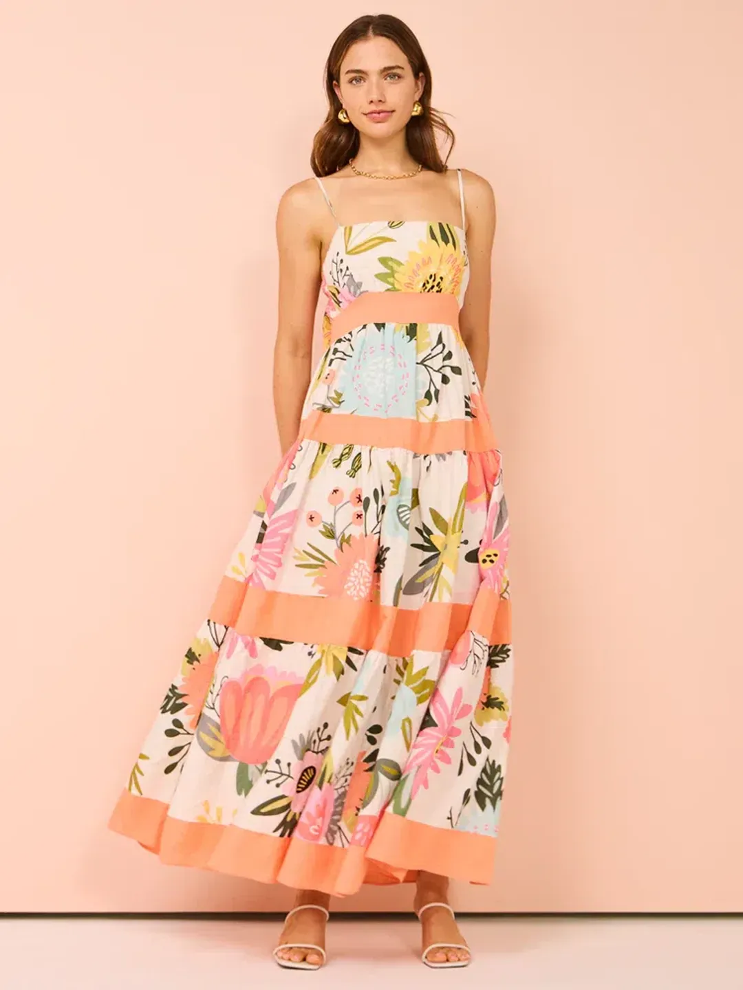 By Nicola Monet Tiered Maxi Dress In Potpourri/Melon Size 10 for rent on The Volte - main image