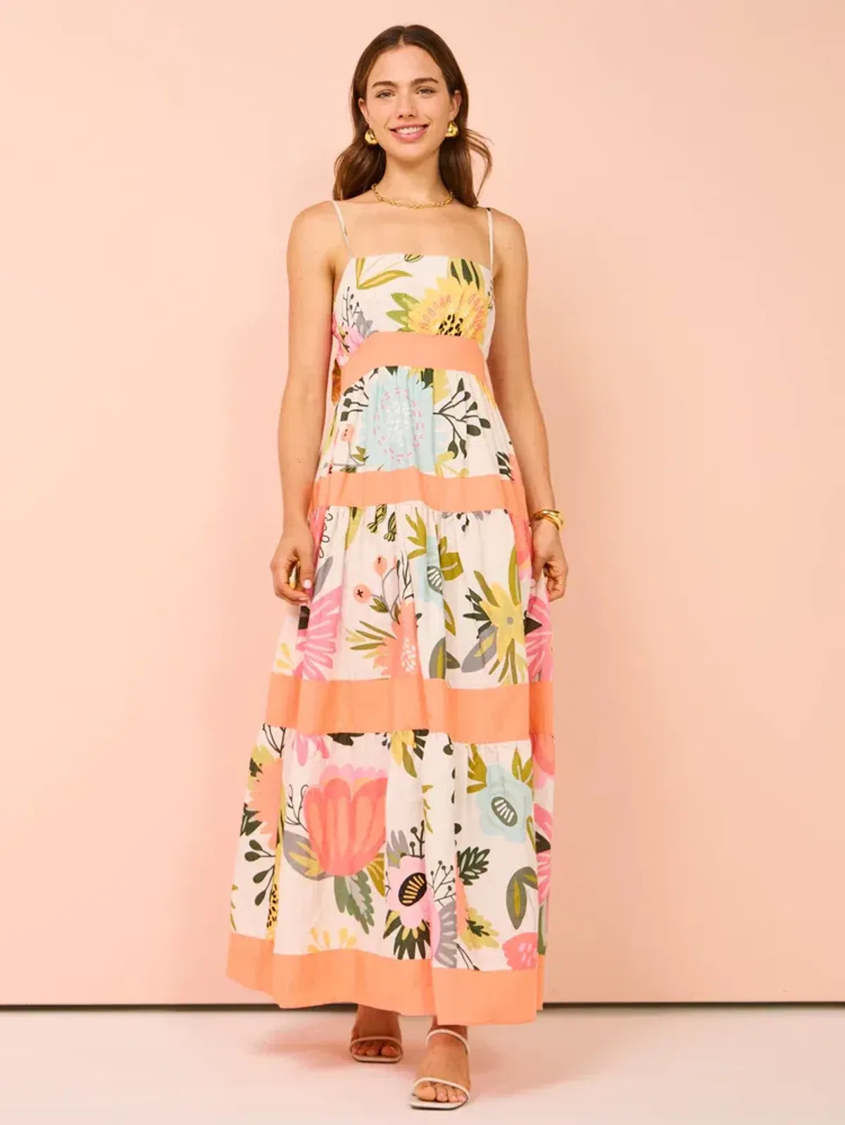 By Nicola Monet Tiered Maxi Dress In Potpourri/Melon Size 10 for rent on The Volte - main image