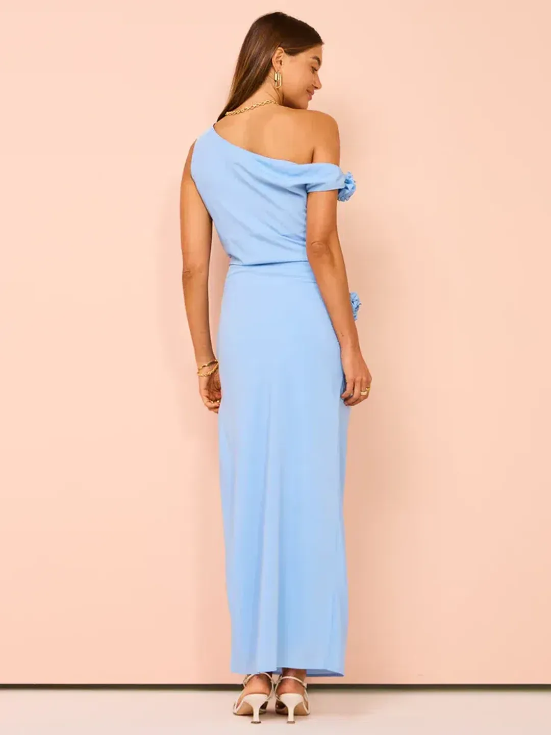 Issy Off Shoulder Flower Maxi Dress In Blue Size AU 12 for rent on The Volte - main image