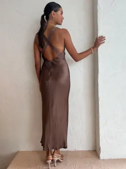Shona Joy Milo Plunged Cross Back Midi Dress Cacao Size 6 for rent on The Volte - image 2