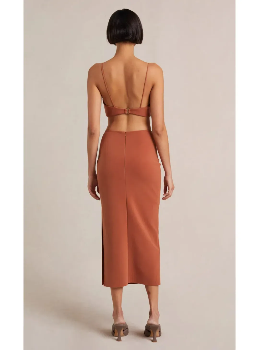 Bec & Bridge Alba Cut Out Midi Dress Terracotta Size AU 8 for rent on The Volte - main image