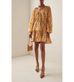 Zimmermann Raie Tiered Billow Mini Dress in Gold Damask Size 0/8 AU for rent on The Volte - image 1