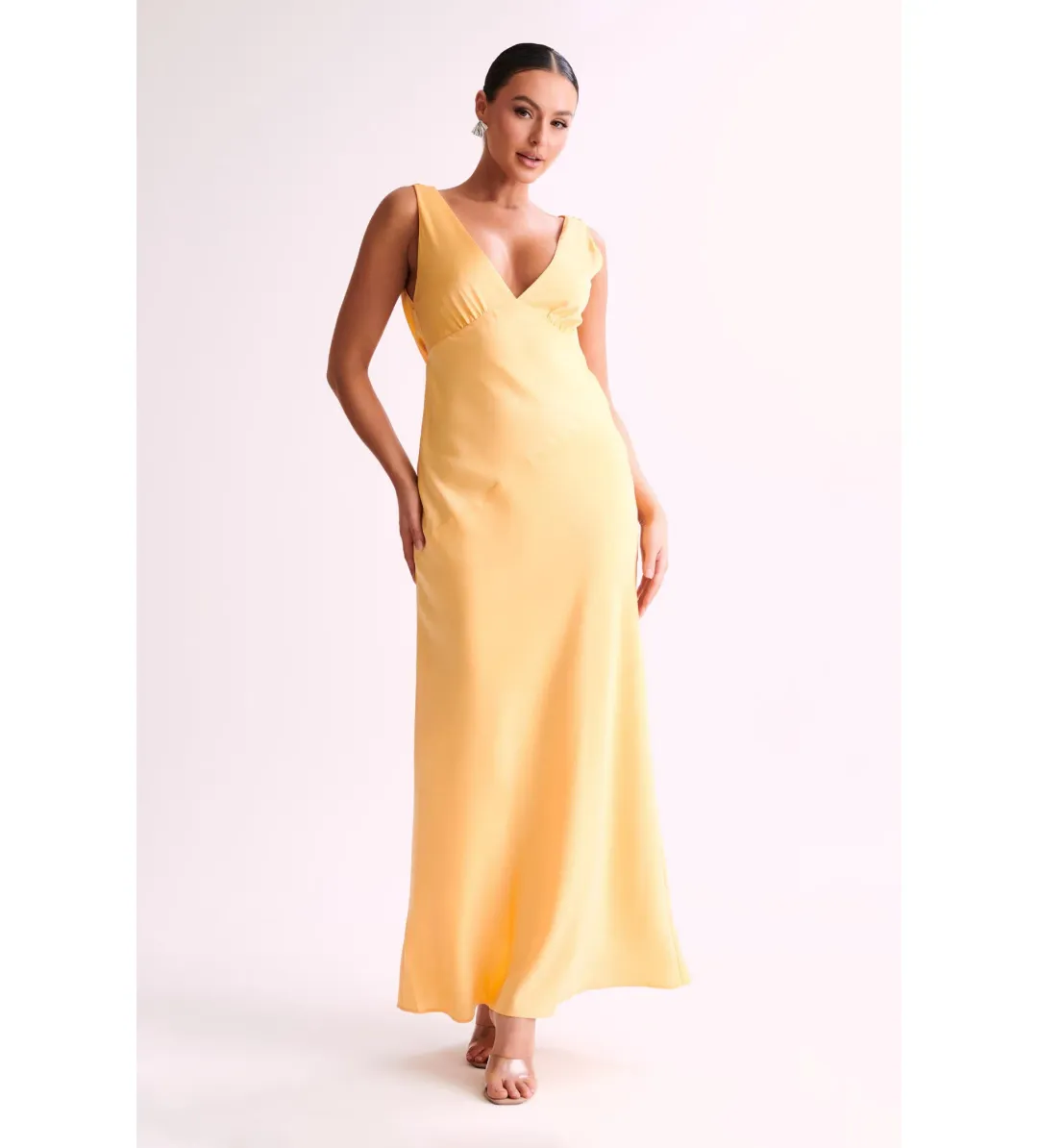 MESHKI Nadia Maxi Satin Dress With Back Cowl Lemon Size 12 for rent on The Volte - main image