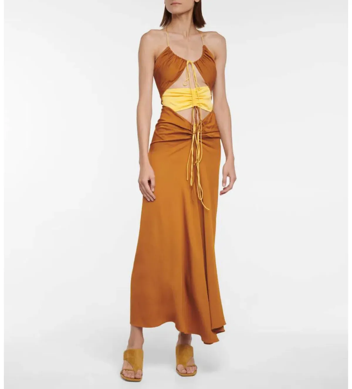 Christopher Esber Multi Panel Disconnect Ruched Halter Dress Caramel/Chalky Yellow Size 12 AU - Image 1