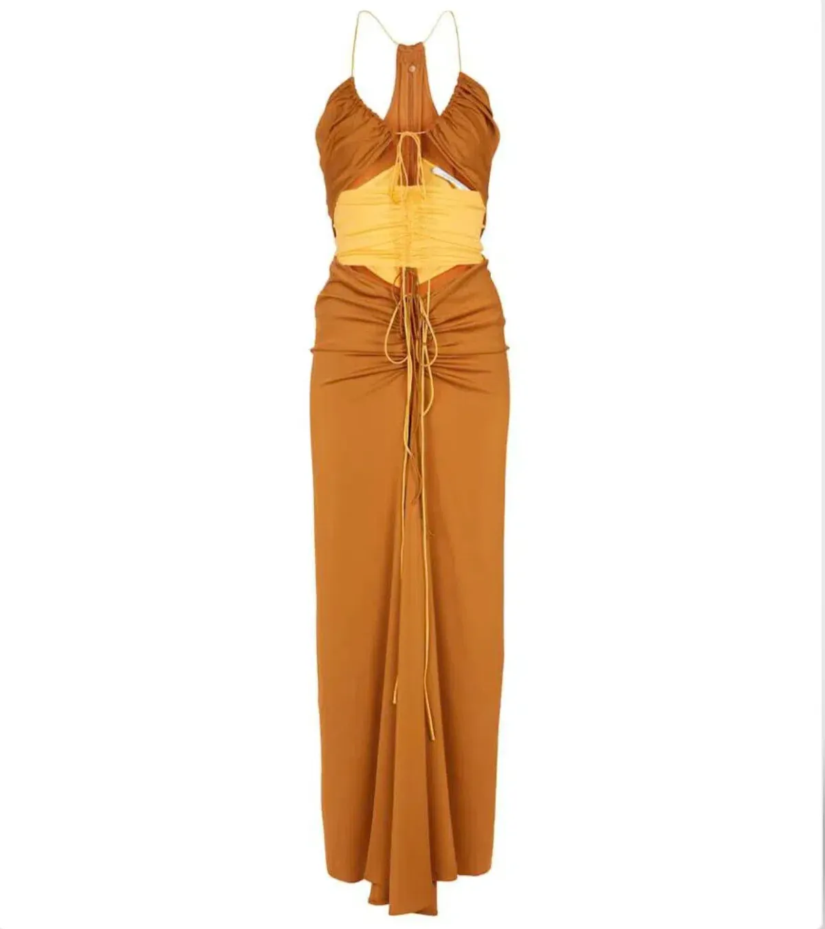 Christopher Esber Multi Panel Disconnect Ruched Halter Dress Caramel/Chalky Yellow Size 12 AU - Image 3