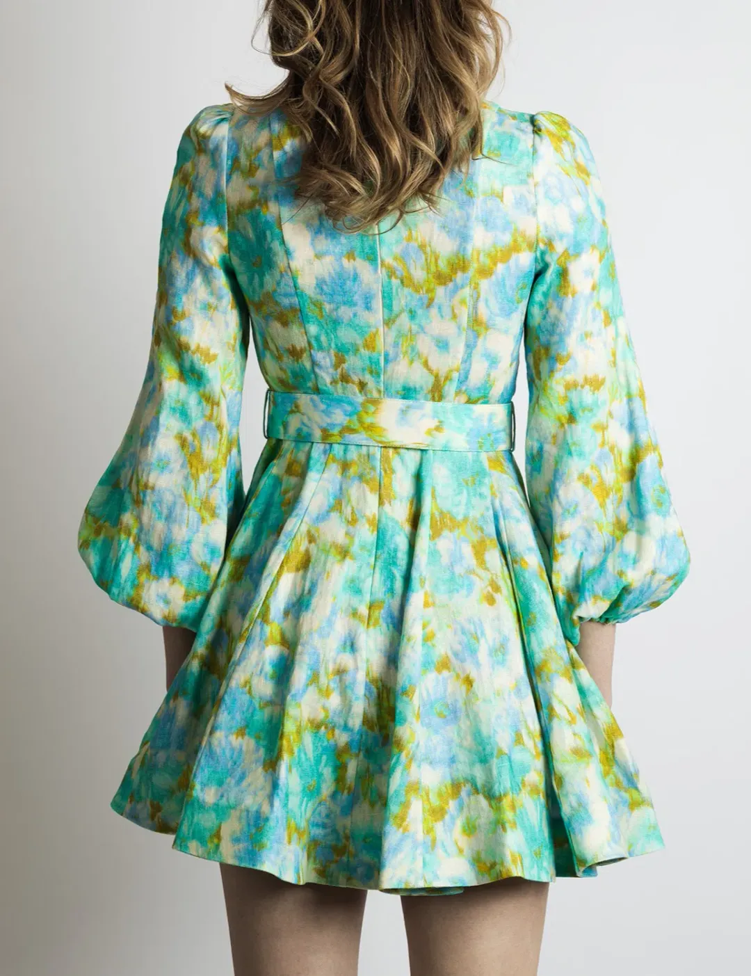 Zimmermann High Tide Buttoned Mini Dress Aqua Ikat Floral Size 2/ AU 12 for rent on The Volte - main image