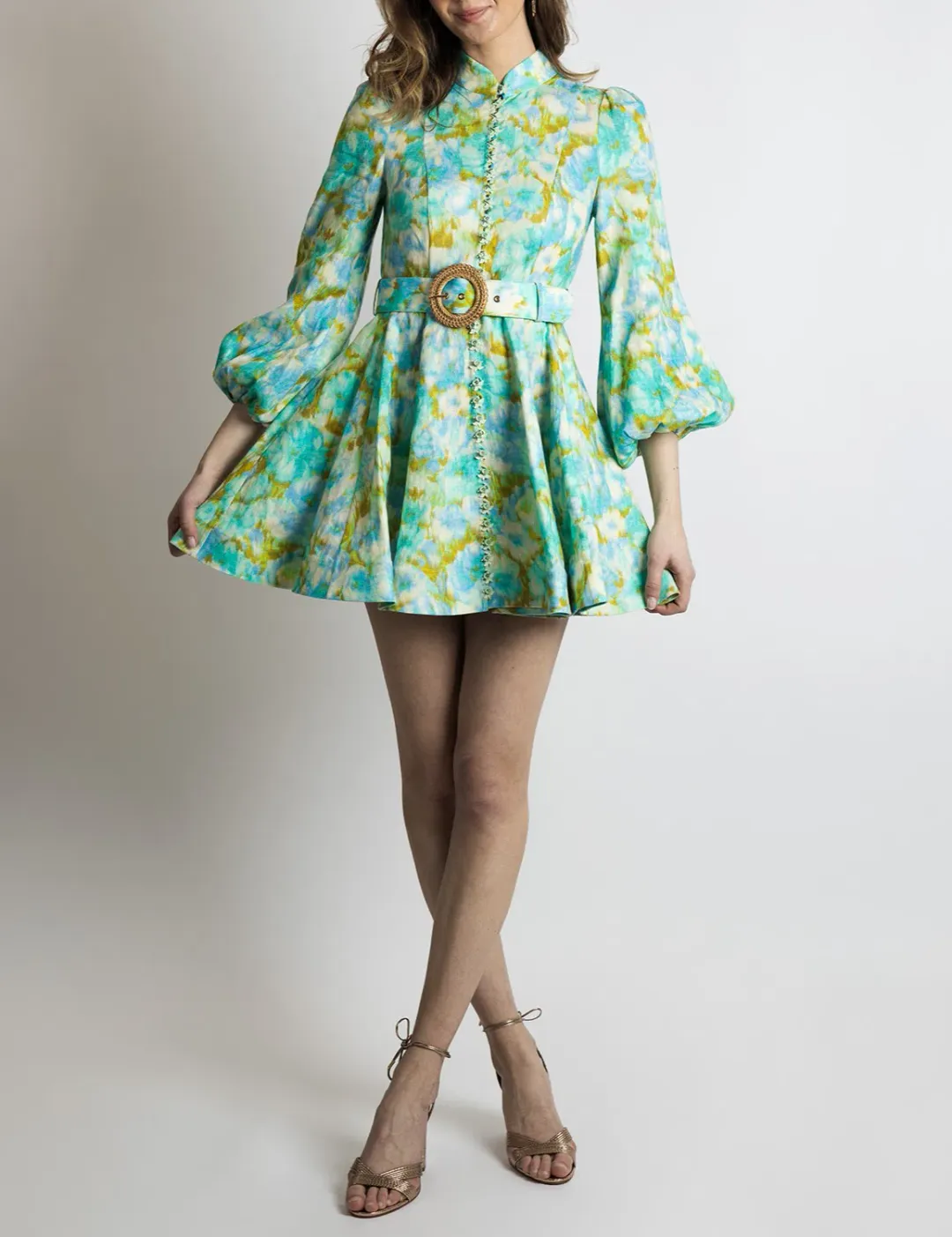 Zimmermann High Tide Buttoned Mini Dress Aqua Ikat Floral Size 2/ AU 12 for rent on The Volte - main image