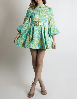 Zimmermann High Tide Buttoned Mini Dress Aqua Ikat Floral Size 2/ AU 12 for rent on The Volte - image 2