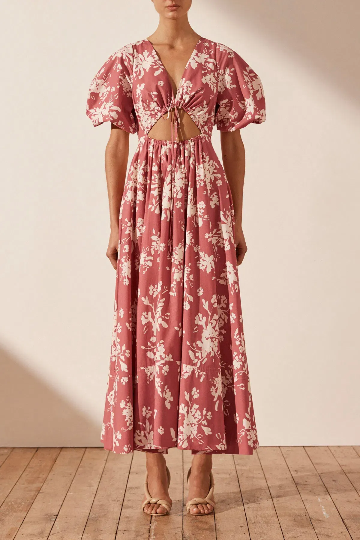 Shona Joy Cali Short Sleeve Cut Out Midi Dress Pink Floral Size 12 - Image 1