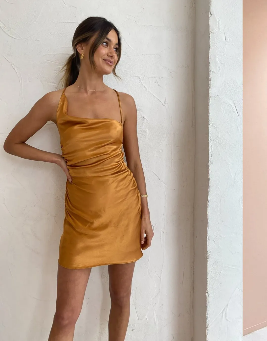 Shona Joy Alma Bias Cowl Mini Dress Turmeric Size 6 for rent on The Volte - main image