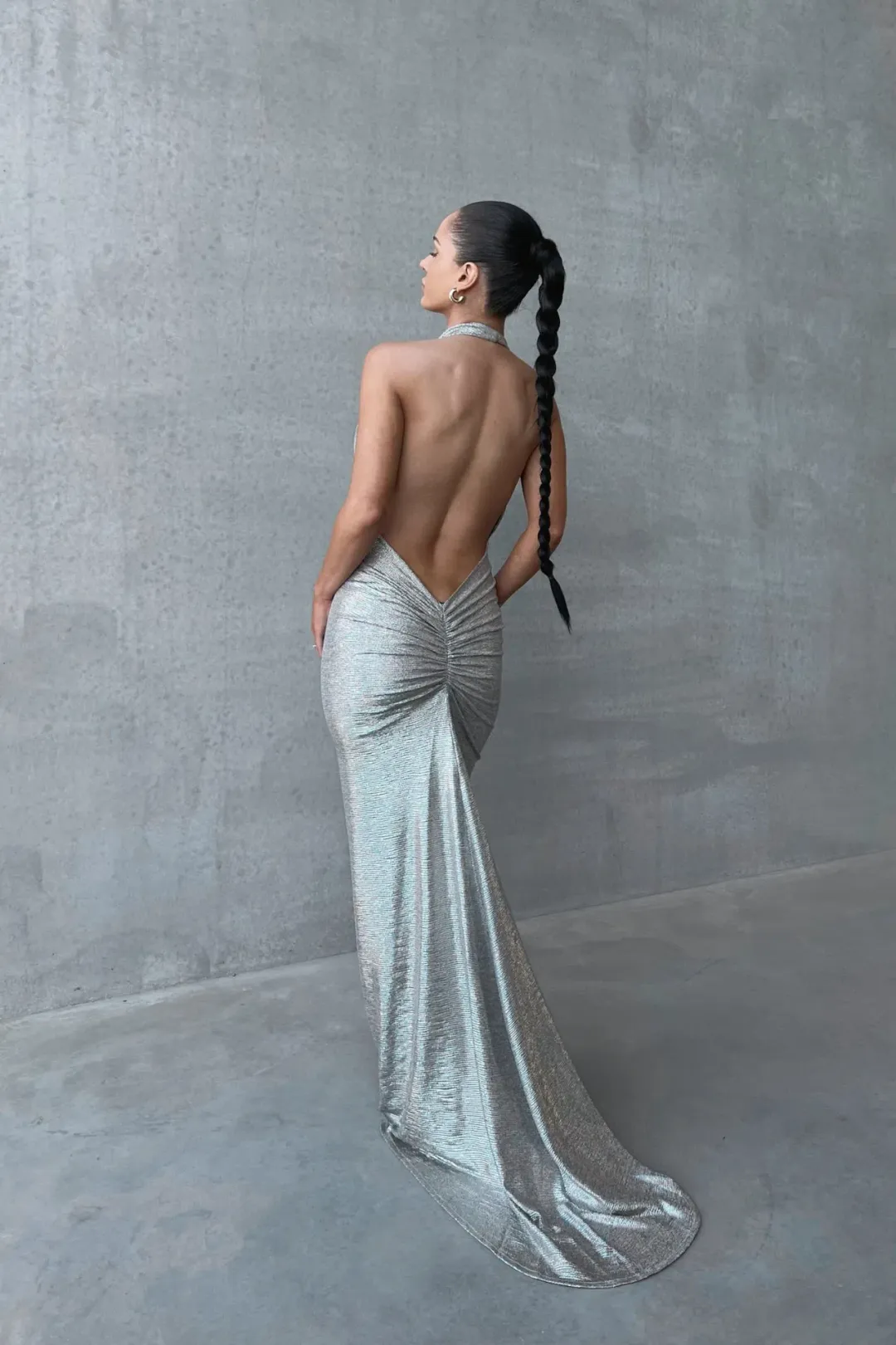 Melani The Label Maria Cowl Gown in Moonlight Silver Foil Size L / AU 12 for rent on The Volte - main image