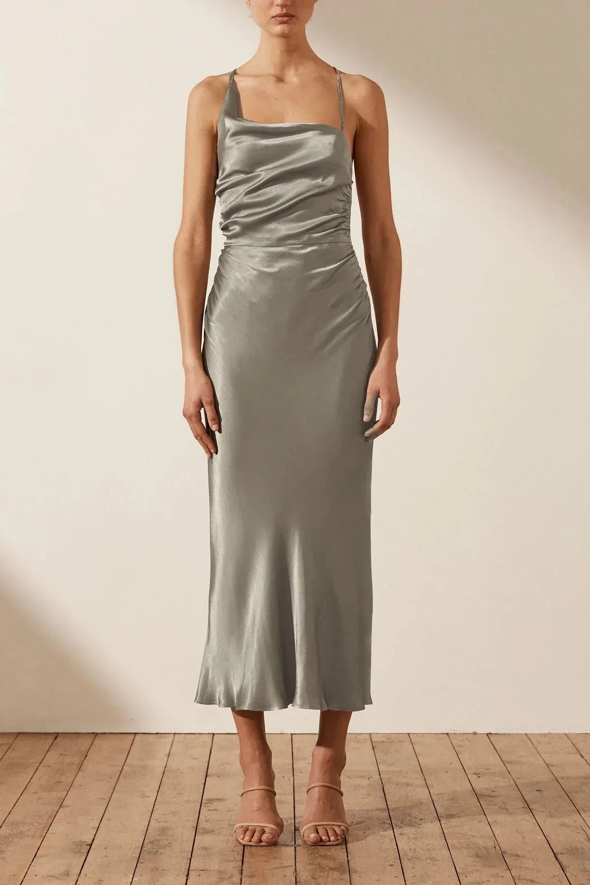 Shona Joy La Lune Asymmetrical Bias Cowl Midi Dress Sage Size 8 - Image 1