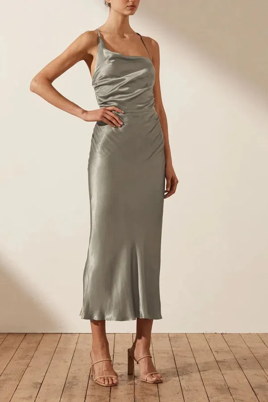 Shona Joy La Lune Asymmetrical Bias Cowl Midi Dress Sage Size 8 for rent on The Volte - main image