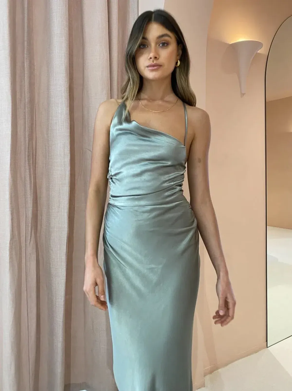 Shona Joy La Lune Asymmetrical Bias Cowl Midi Dress Sage Size 8 - Image 6