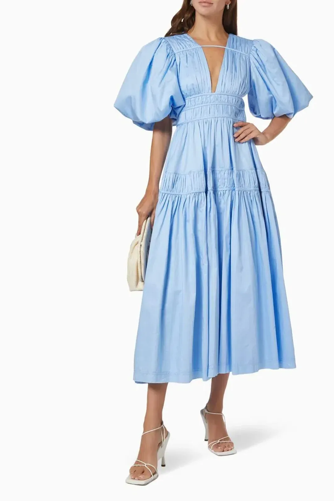 Aje Fallingwater Gathered Midi Dress Light Blue Size L / AU 12 for rent on The Volte - main image