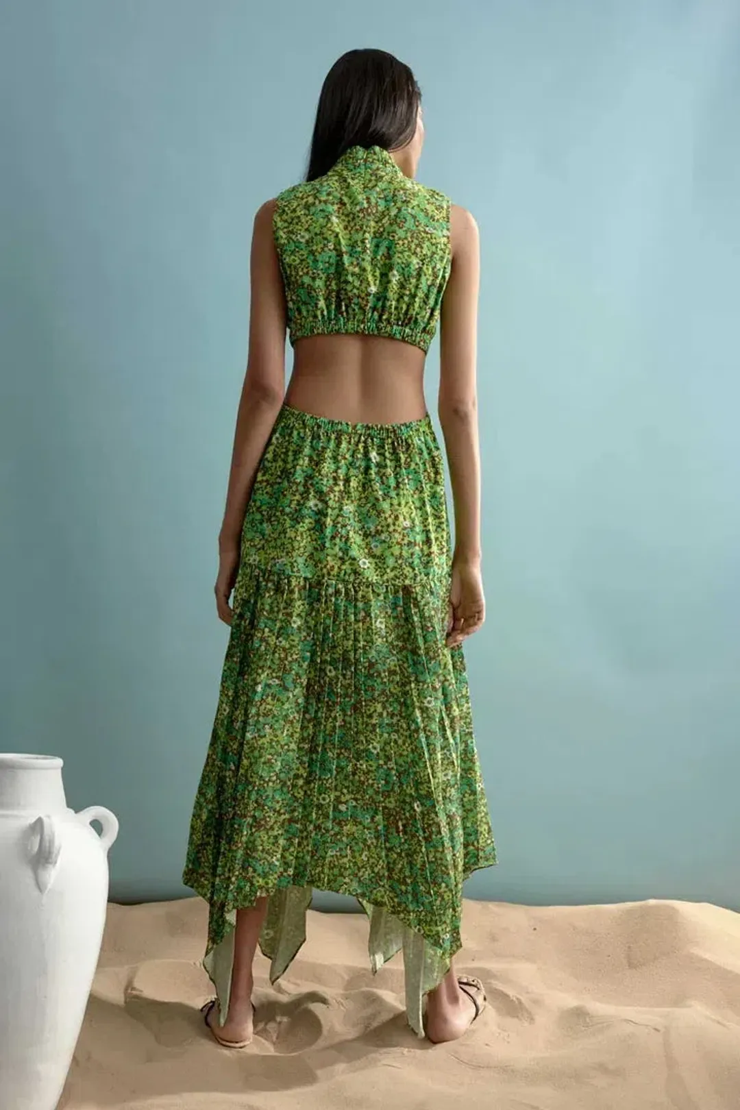 Alemais Phyllis Twist Front Pleat Dress Green Print Size 10 for rent on The Volte - main image