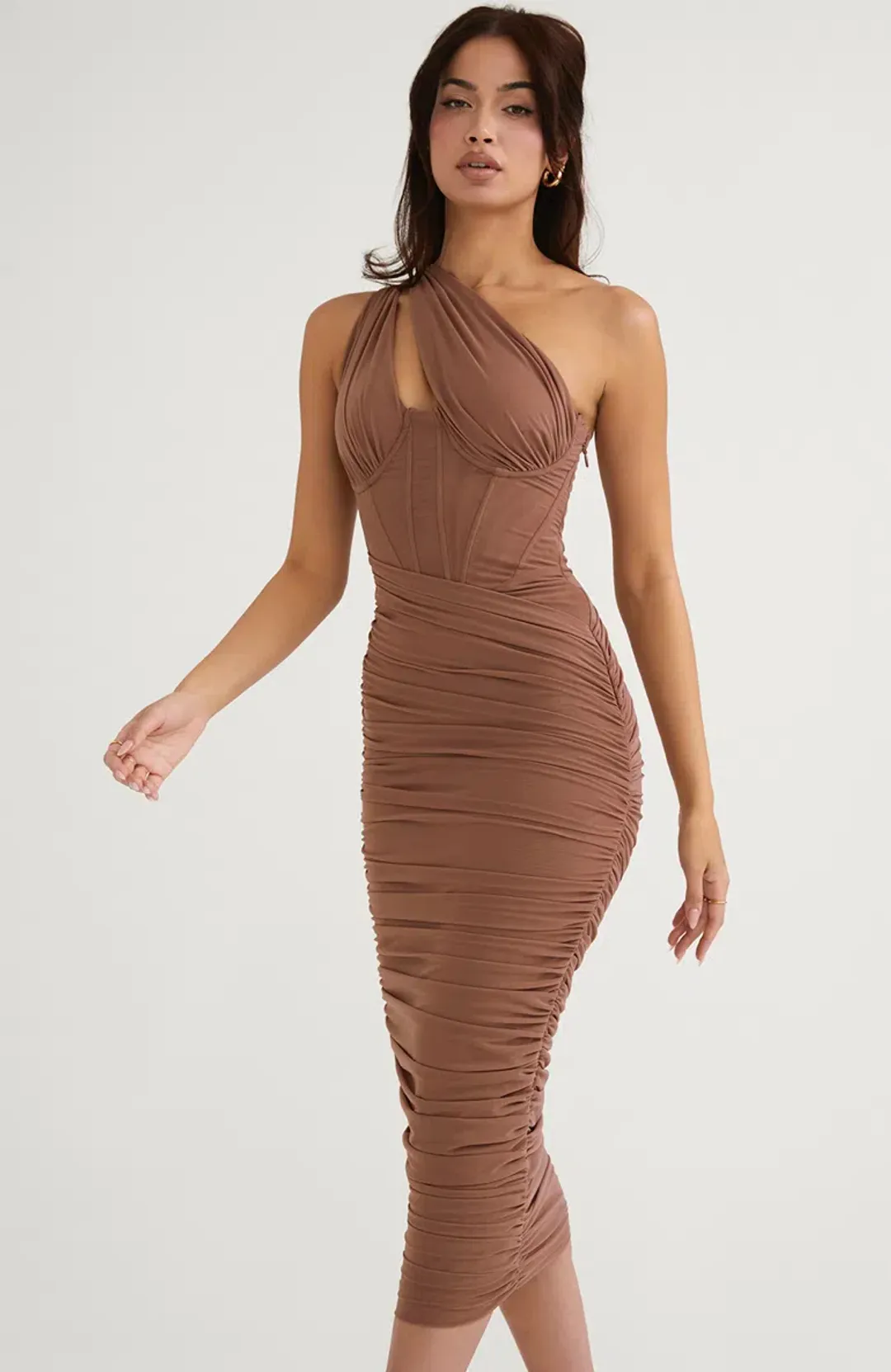 House of CB Valentina Asymmetric Cutout Midi Dress Mocha Size S / AU 8 for rent on The Volte - main image