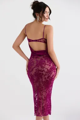 House of CB Ione Devore Midi Dress in Cranberry Size XS / AU 6 for rent on The Volte - image 4