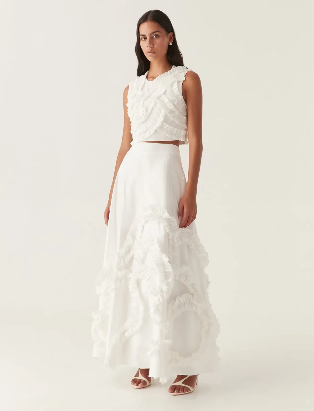 Aje Aurelia Frill Shell Top and Kendra Frill Maxi Skirt Set Ivory Size 10 for rent on The Volte - main image