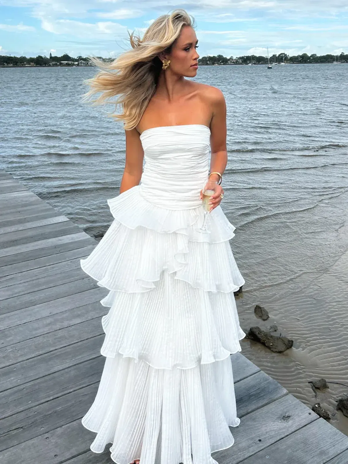 Aje Sunbeam Ruched Bustier and Cosmos Tiered Maxi Skirt Set Ivory Size 10 - Image 1