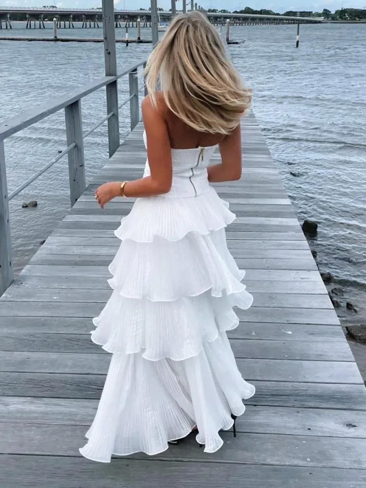 Aje Sunbeam Ruched Bustier and Cosmos Tiered Maxi Skirt Set Ivory Size 12 - Image 2