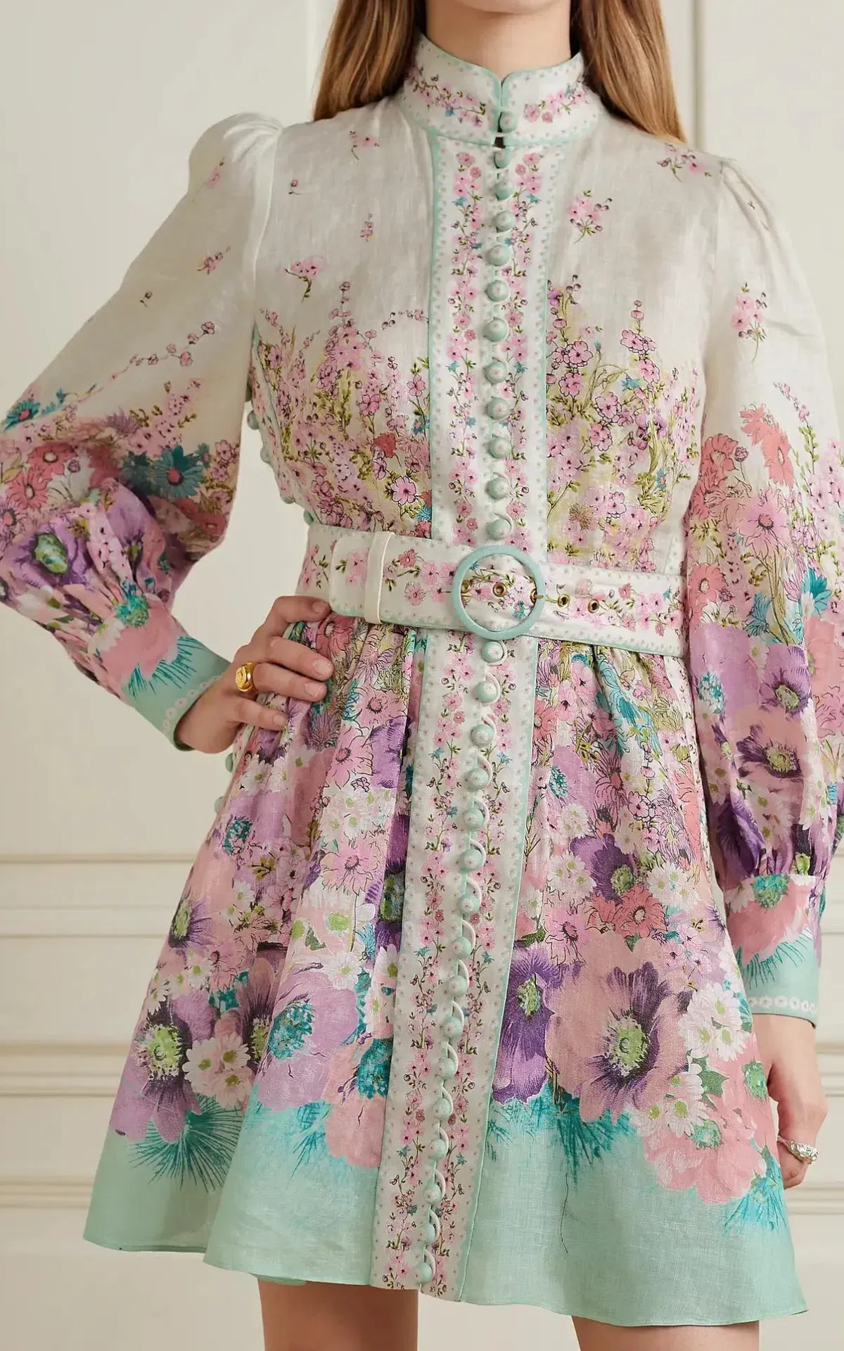 Zimmermann Jude Buttoned Mini Dress Aqua Gradient Floral Size 2 / AU 12 for rent on The Volte - main image