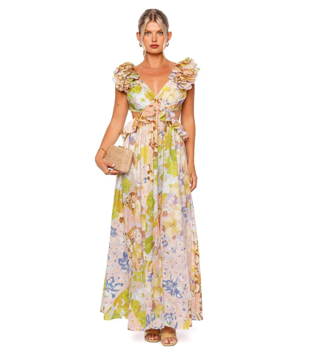 Zimmermann Pop Ruffle Sleeve Midi Dress in Patch Floral Size 0P / AU 6 for rent on The Volte - main image