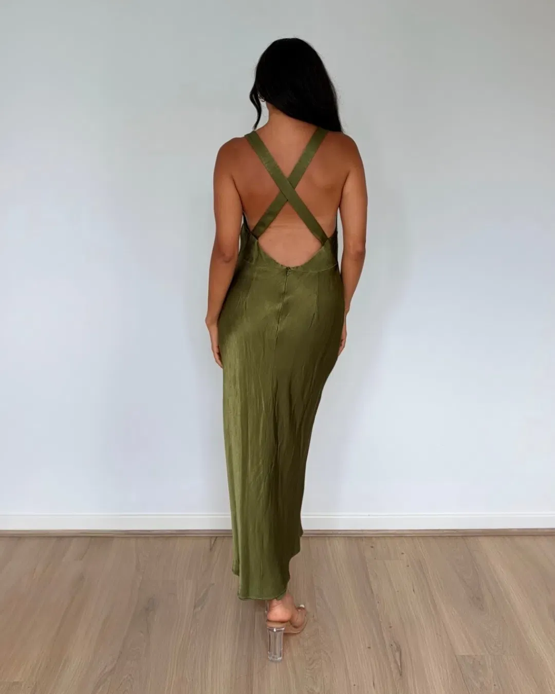 Shona Joy Arienzo Plunged Cross Back Midi Dress Green Olive Size AU 10 for rent on The Volte - main image