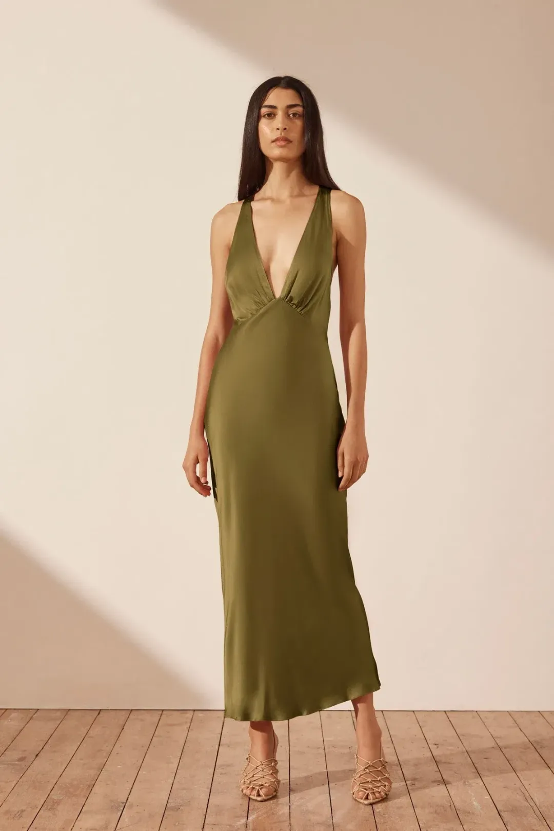 Shona Joy Arienzo Plunged Cross Back Midi Dress Green Olive Size AU 10 for rent on The Volte - main image