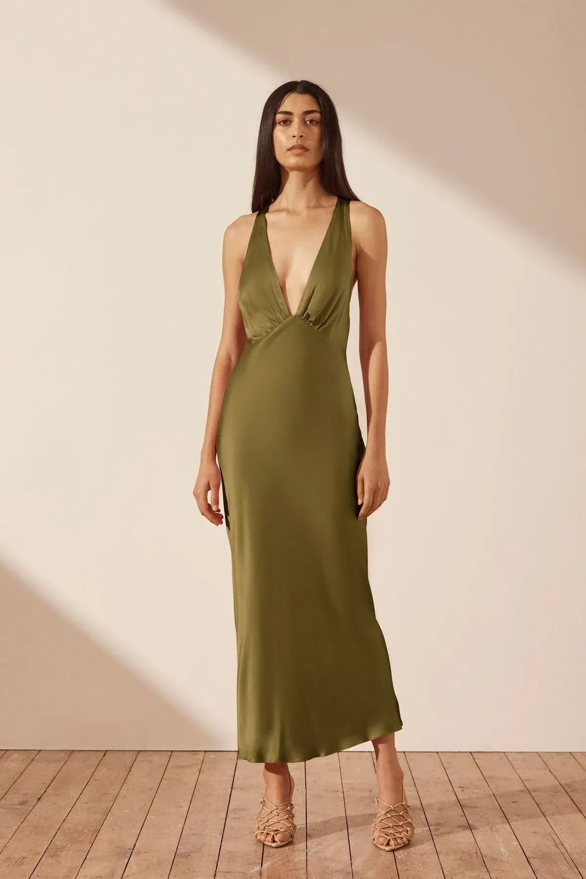 Shona Joy Arienzo Plunged Cross Back Midi Dress Green Olive Size AU 10 for rent on The Volte - main image