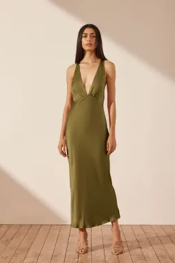 Shona Joy Arienzo Plunged Cross Back Midi Dress Green Olive Size AU 10 for rent on The Volte - image 1