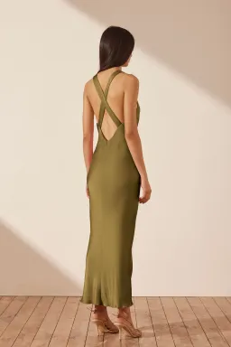 Shona Joy Arienzo Plunged Cross Back Midi Dress Green Olive Size AU 10 for rent on The Volte - image 2