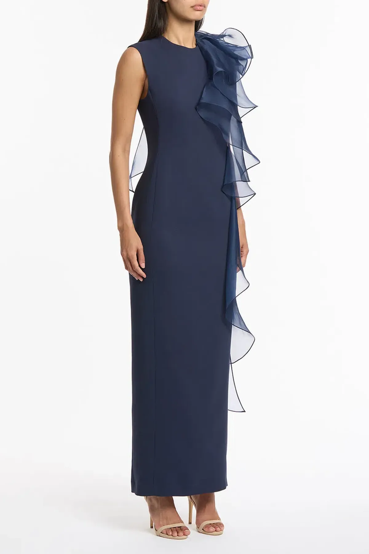 Carla Zampatti Crepe Ruffle Shoulder Gown Navy Size 6 - Image 2