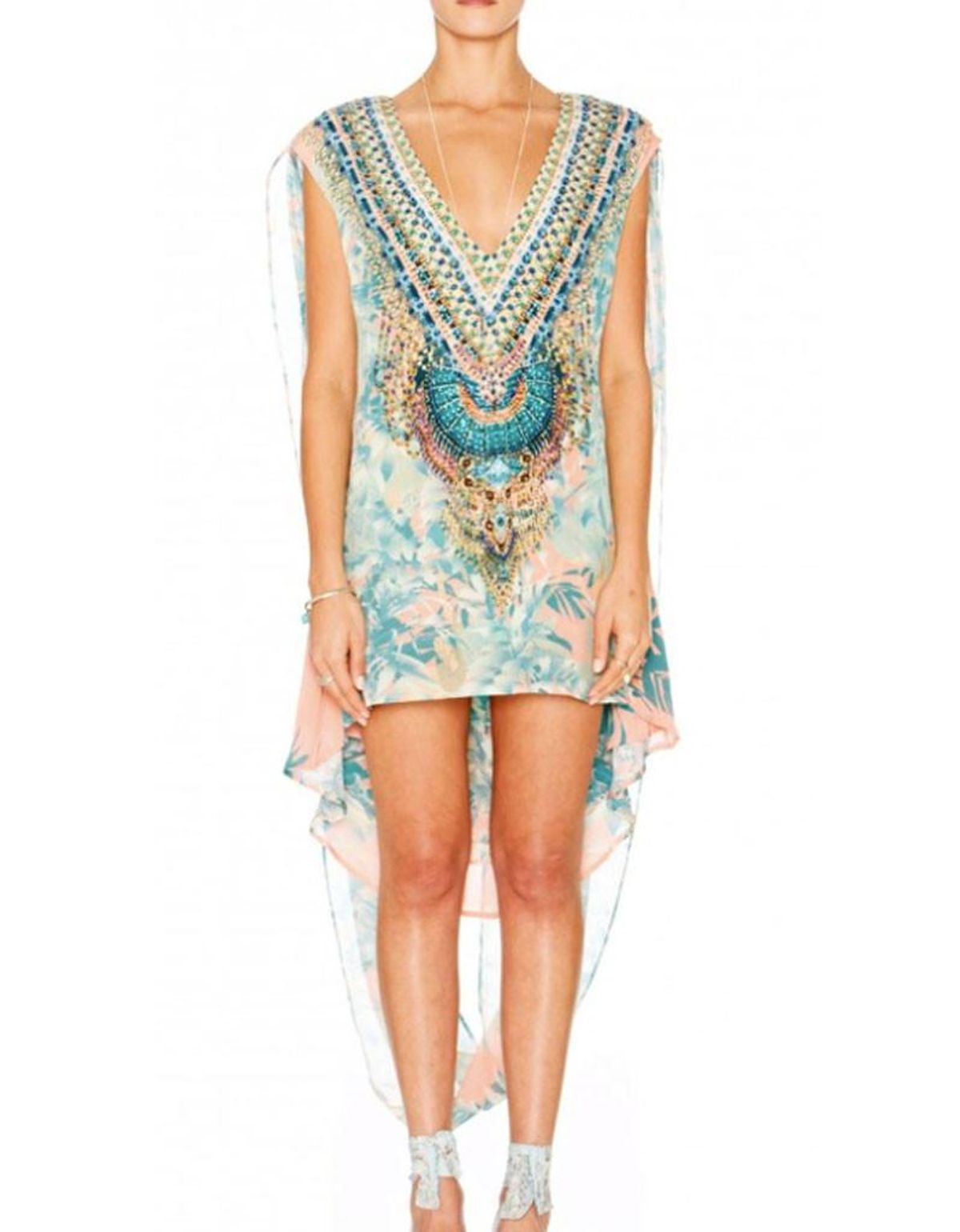 Camilla Deep V Mini Dress with Cape in Garden of Dream Blue Print Size 2 for rent on The Volte - main image