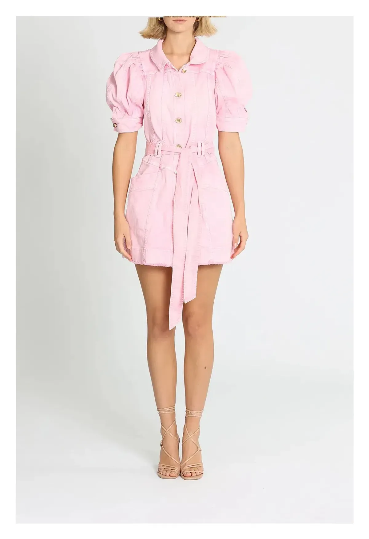 Aje Flora Denim Puff Sleeve Mini Dress Pink Size 8 for rent on The Volte - main image