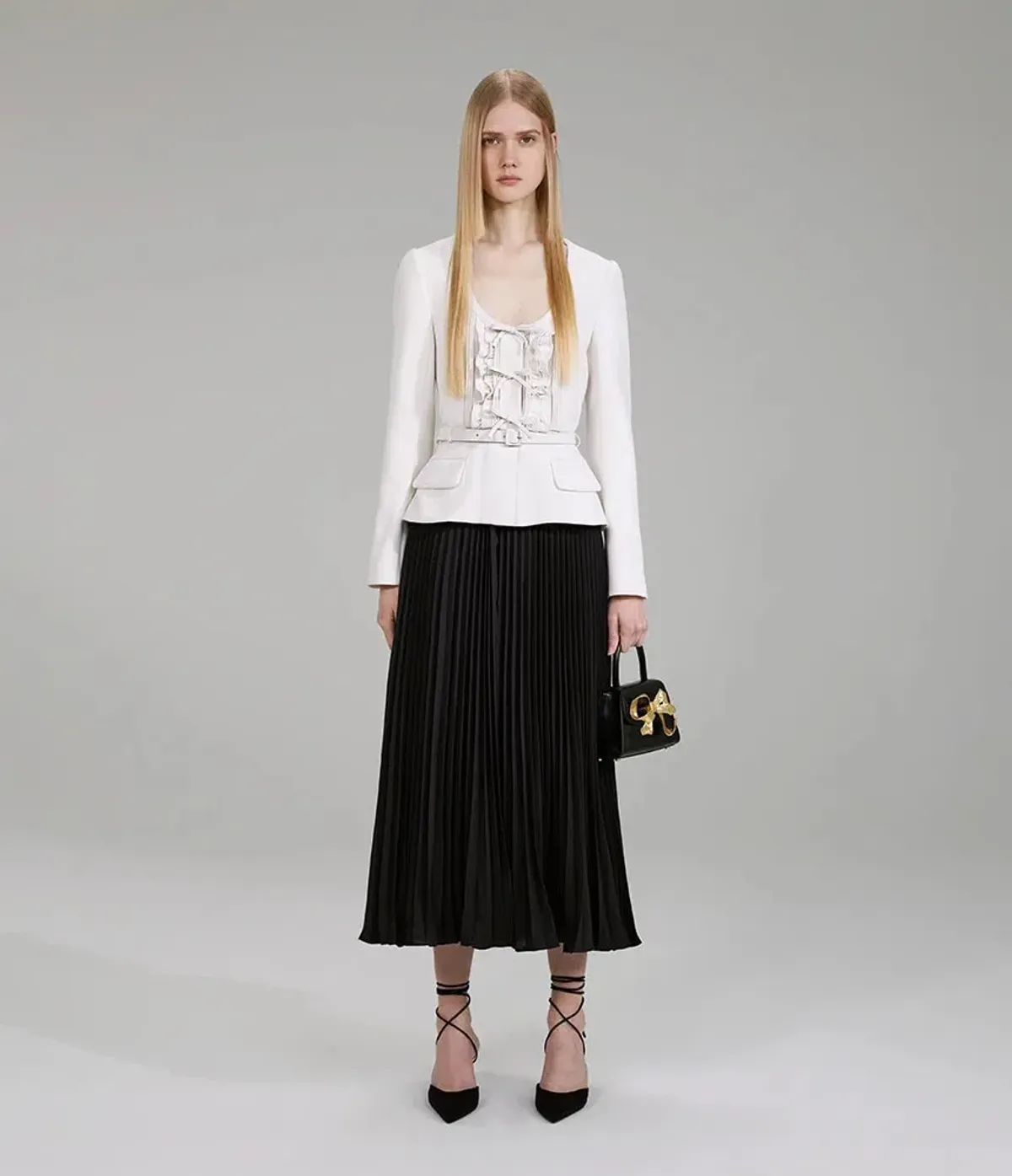 Self-Portrait Pleated Skirt Midi Dress Cream and Black Size 16 for rent on The Volte - main image