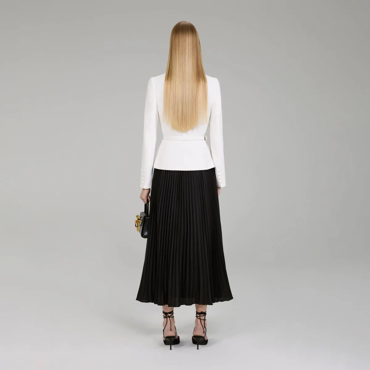 Self-Portrait Pleated Skirt Midi Dress Cream and Black Size 16 - Image 2